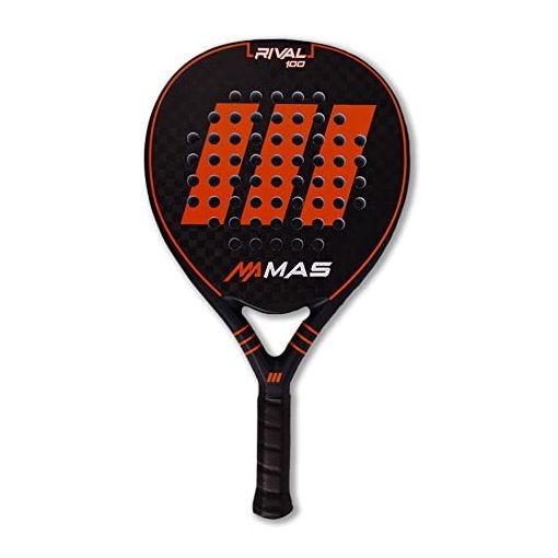 MAS Padel - Rival 100, Raqueta de Padel, Negro y Naranja, Revestimiento 100% de Fibra de Carbono, Funda Incluida