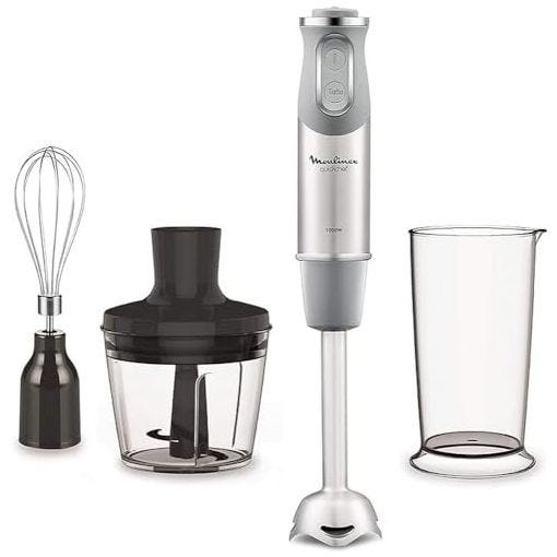Moulinex QuickChef DD655D Batidora de Mano de 1000 W, con Regulador de 10 Velocidad Turbo con 2 Accesorios para Picar y para Montar y Vaso Medidor, Cúpula Antisalpicaduras, Acero