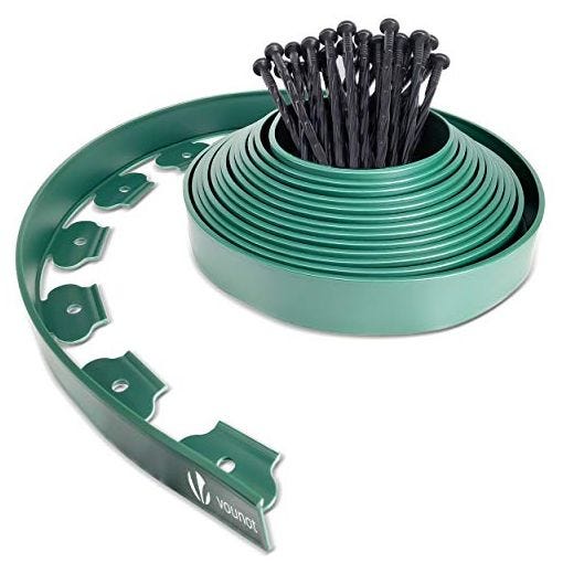 VOUNOT Borde Jardín, Césped Borde, Flexible de Plástico, Longitud 10 m, Altura 5 cm, con 30 Clavijas, Verde
