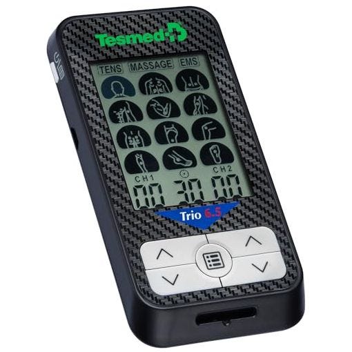 TESMED Trio 6.5 Electroestimulador Muscular con batería recargable, TENS, Masaje- 36 programas - 40 niveles de intensidad - 4 electrodos