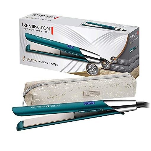 Remington Plancha de Pelo Advanced Coconut Therapy, Cerámica Avanzada con Coco y Filtros UV, Placas Flotantes Extralargas, 5 Temperaturas hasta 230°C, Digital, S8648, Verde